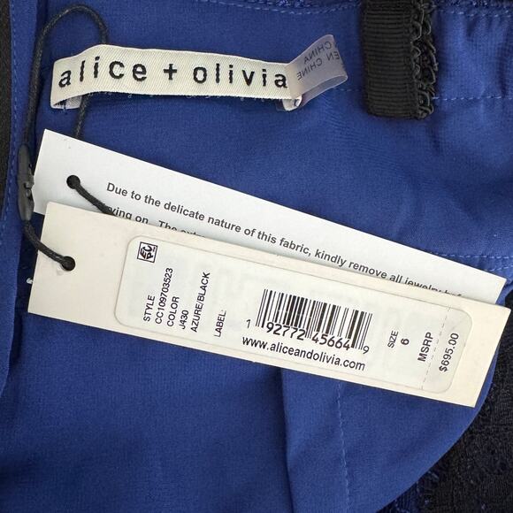 Alice + Olivia Opal Lace Handkerchief Dress Black Blue Size 6 Midi Lace Ruffle - Picture 10 of 12